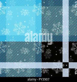 White snowflakes seamless with blue tartan pattern. Winter white snow and plaid holidays collection. Vector illustration. eps10 Stock Vector
