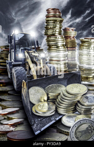 Bagger schaufelt Euro Muenzen Stock Photo
