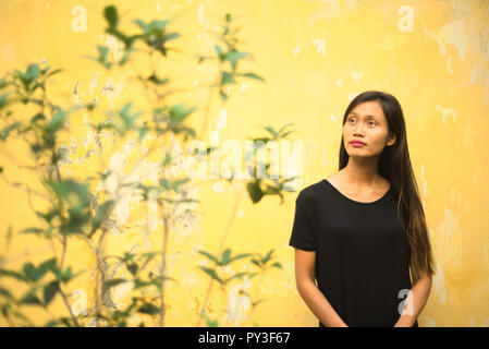 Young Vietnamese woman standing in front of yellow wall in Hanoi Old Quarter with green plant in foreground Stock Photo