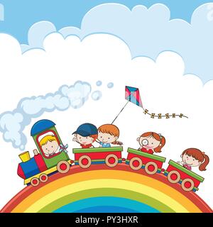 Train going over a rainbow illustration Stock Vector