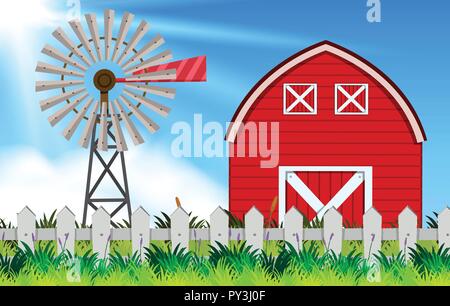 farm scene with windmill and barn  illustration Stock Vector