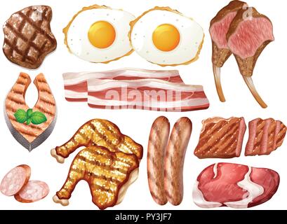 Set of different poultry and meats illustration Stock Vector