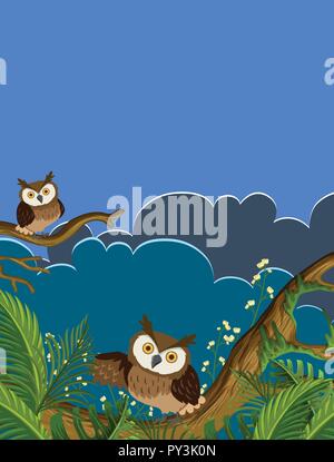 Owls on tree branches illustration Stock Vector