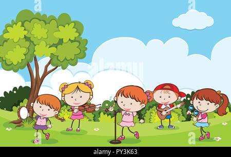 Children playing musical instruments in a park illustration Stock Vector