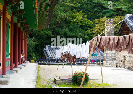 Hang out the wash inside of a Buddhist temple, Woljeongsa Temple Gangwon-do Province, South korea. Stock Photo