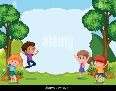 Border template with cute girls and boys in park illustration Stock ...