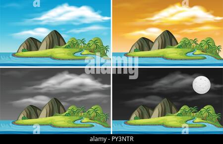 A set of island in different time illustration Stock Vector