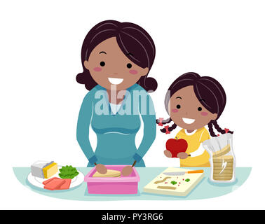 Illustration of a Stickman Kid Girl Helping Mother Prepare Healthy Snack at Home Stock Photo