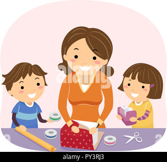 Illustration of Stickman Kids Helping their Mother to Wrap a Gift Stock Photo