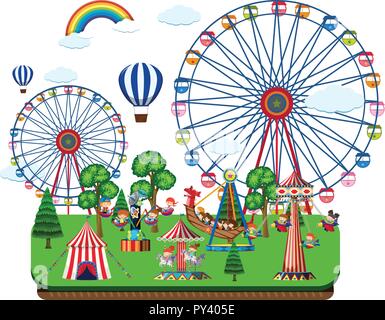 Fair scene with amusement rides illustration Stock Vector