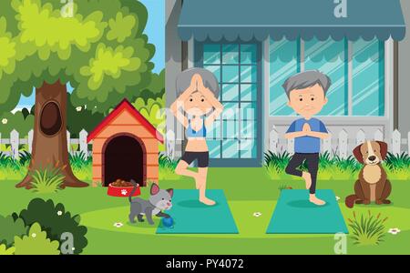 Old Couple Doing Yoga at Yard illustration Stock Vector