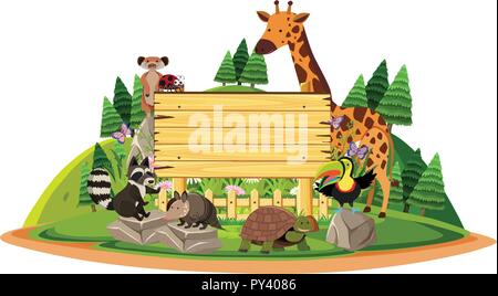 Wooden sign template with wild animals in the park illustration Stock ...