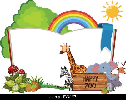 happy zoo blank book frame concept illustration Stock Vector