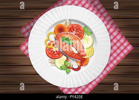 A top view of salmon salad on table illustration Stock Vector