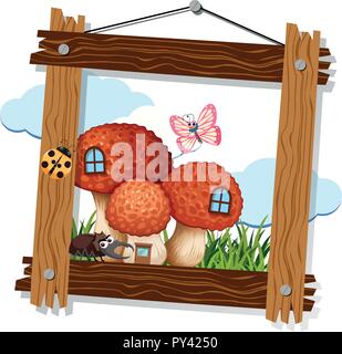 Mushroom and Insect on Wooden Frame illustration Stock Vector