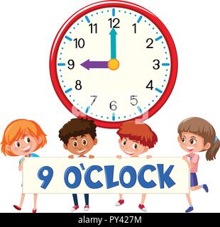Children and clock 9 o'clock illustration Stock Vector