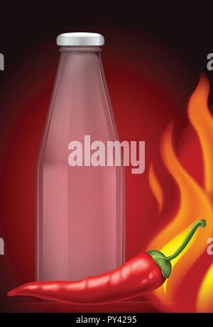 Hot Chilli Sauce Bottle on Red Background illustration Stock Vector