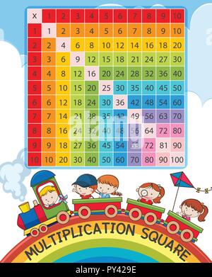Multiplication square with rainbow and children on train illustration Stock Vector