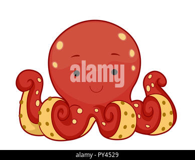 Illustration of a Red Octopus with Tentacles Curled Up Stock Photo