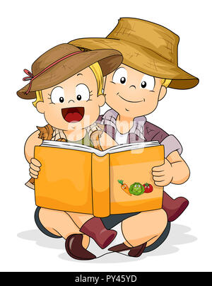 Illustration of a Kid Boy and Baby Girl Toddler Wearing Gardening Hat and Reading a Book About Vegetables Stock Photo