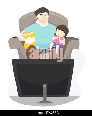 Illustration of a Kid Girl Sitting On the Lap of Her Father Eating Chips and Watching Television Stock Photo