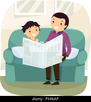 Illustration of a Stickman Boy and Father Reading Newspaper at Home Stock Photo