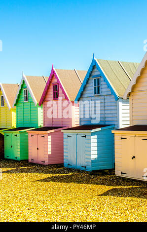 Famous Mersea Island Beach Huts in west Mersey, beautiful sand filled beaches on a hot, warm summers day Stock Photo