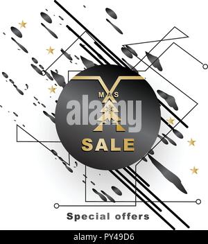 Abstract background. Black circle on white background with small black trianlges. Technology background. Gold Christmas tree. Sale banner Stock Vector