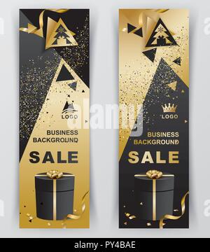 Vertical luxury gold brown banners with black gift. Triangle design elements. Christmas banner Stock Vector