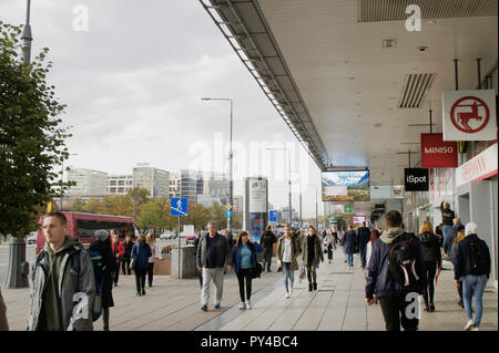 Warsaw, Poland - October 5 2018:  Shops and pedestrians on Marszałkowska street Stock Photo