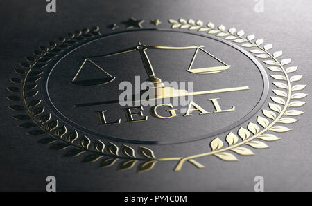 Legal symbol with scales of justice, golden sign embossed on black paper background. 3D Illustration Stock Photo