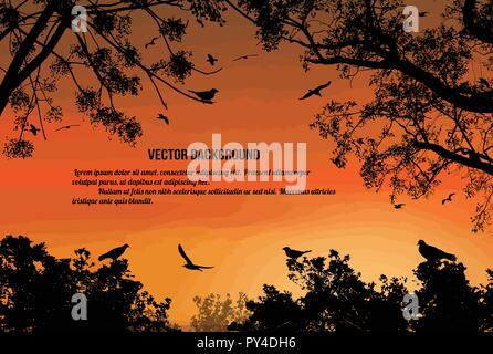 Birds in the tree and flying over sunset background, vector illustration Stock Vector
