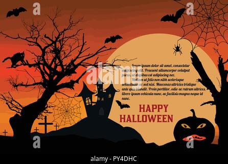 Halloween night with castle, spooky trees and pumpkin on the moon background, vector illustration. Stock Vector