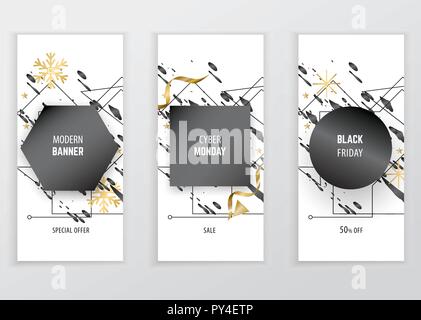 Abstract background. Black circle. square, hexagone on white background with black blots. Technology background. Black Friday, Cyber Monday Stock Vector