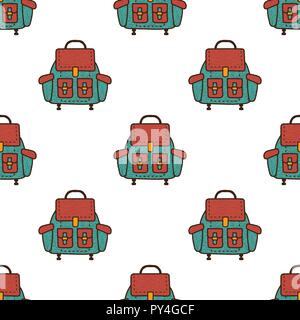 Backpack flat seamless pattern. Rucksack symbols wallpaper. Camping elements background. Stock vector illustration Stock Vector