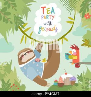 Vector card with cute sloth and little parrot Stock Vector