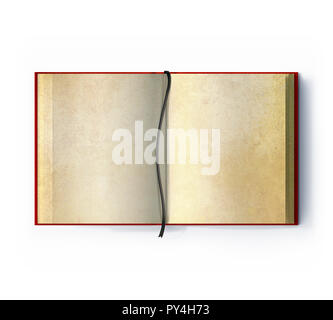 Top view of an old open book on empty used pages, bookmark and red cover, isolated on white background Stock Photo