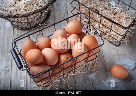 Visual metaphor/proverb: Don't put all of your eggs in one basket with whole eggs. Stock Photo