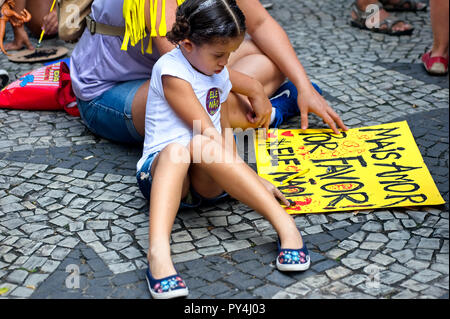 Rio de Janeiro - September 29, 2018: Children also joined the women-led demonstrations against the far-right presidential candidate Jair Bolsonaro Stock Photo