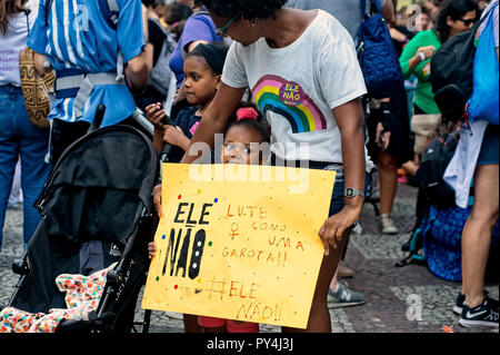 Rio de Janeiro - September 29, 2018: Children also joined the women-led demonstrations against the far-right presidential candidate Jair Bolsonaro Stock Photo