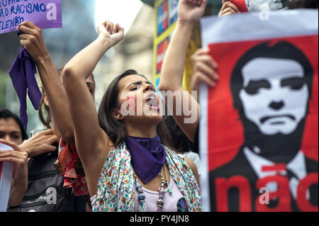 Rio de Janeiro - September 29, 2018: Women take to the streets to protest against far-right candidate Bolsonaro a week before the presidential vote Stock Photo