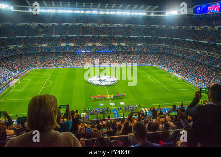 Real Madrid versus Victoria Plzen football match, previous moments. Champions League Santiago Bernabeu stadium, Madrid, Spain. Stock Photo