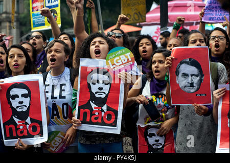 Rio de Janeiro - September 29, 2018: Brazilians took to the streets to protest against the far-right Brazil's presidential candidate Jair Bolsonaro. Stock Photo