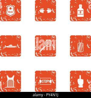 Police stop icons set, grunge style Stock Vector