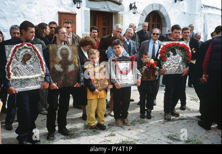 Family icons are displayed after being blessed at a special service during Easter week on the Greek island of Patmos. Stock Photo