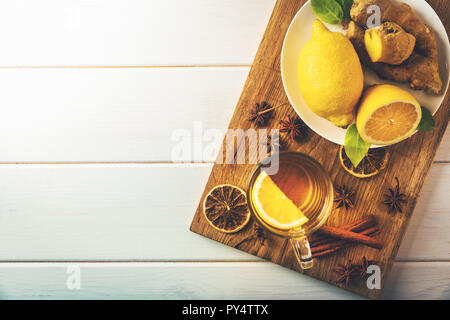 ginger tea with lemon. top view copy space Stock Photo