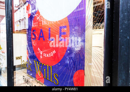 Broken window, smashed window, vandalised window vandalism, shattered glass, smashed glass, laminated glass, glass broken, shattered window, broken Stock Photo
