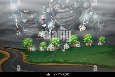 Cyclone hit the rural village illustration Stock Vector