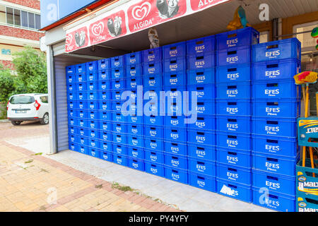 ALANYA / TURKEY - SEPTEMBER 30, 2018: Beer case from the turkish beer Anadolu Efes stands on a shop in Alanya Stock Photo