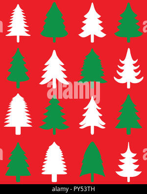 Green and white Christmas trees on a red background, seamless pattern Stock Photo